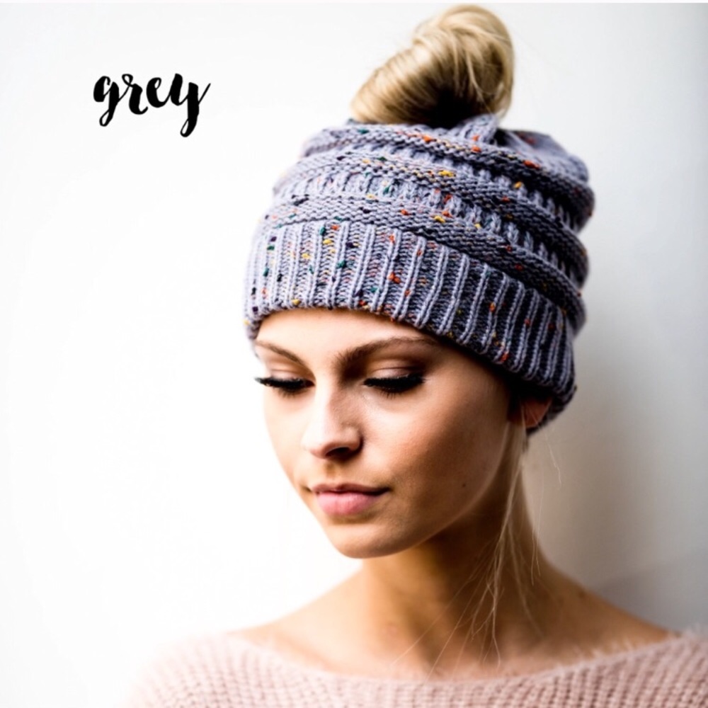 Grey Confetti Ponytail Beanie